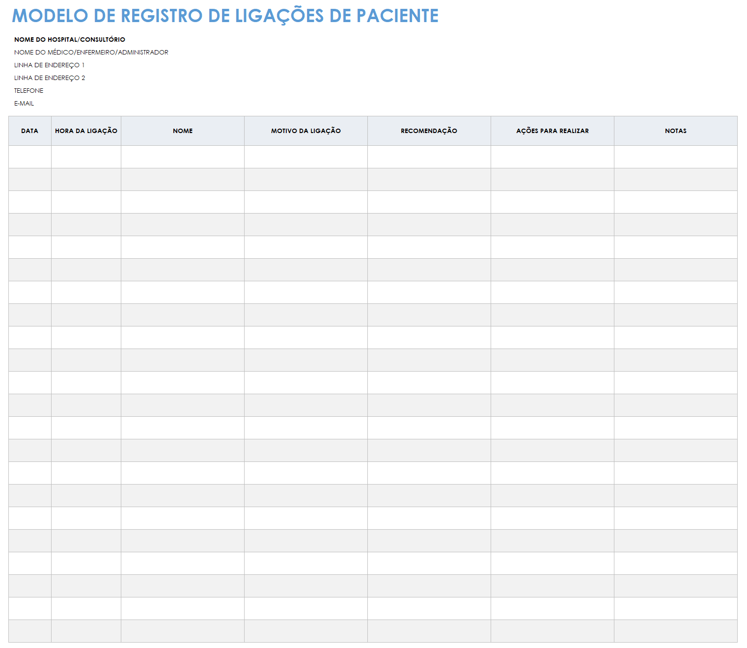  modelo de registro de chamadas do paciente