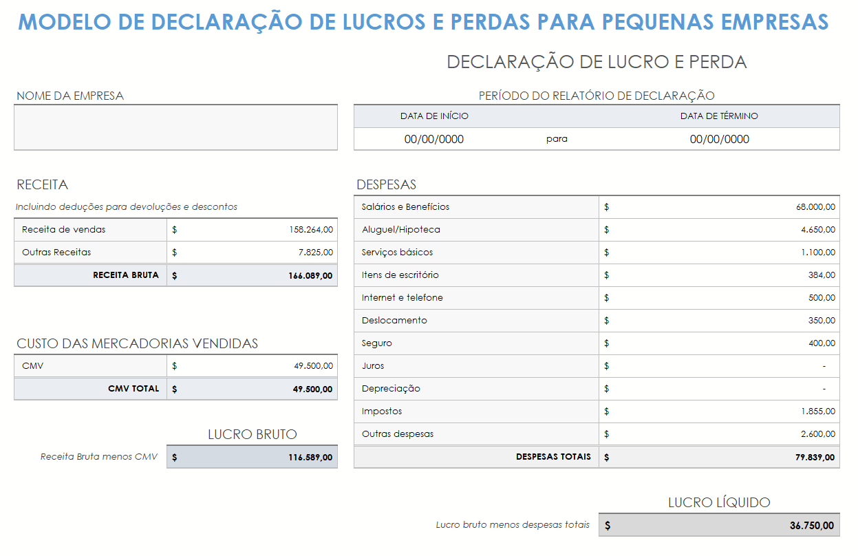 modelo de demonstração de lucros e perdas para pequenas empresas