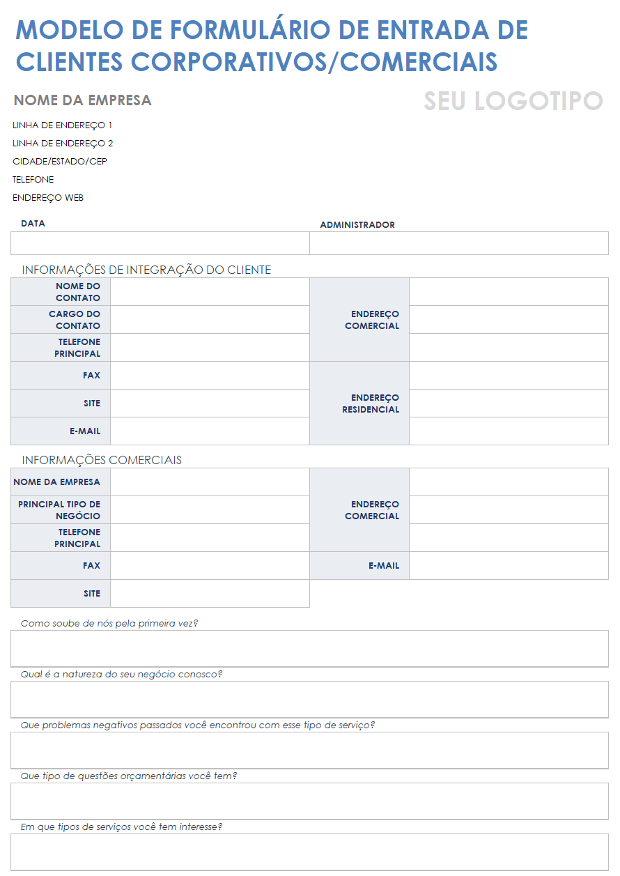 Formulário de admissão de clientes corporativos empresariais