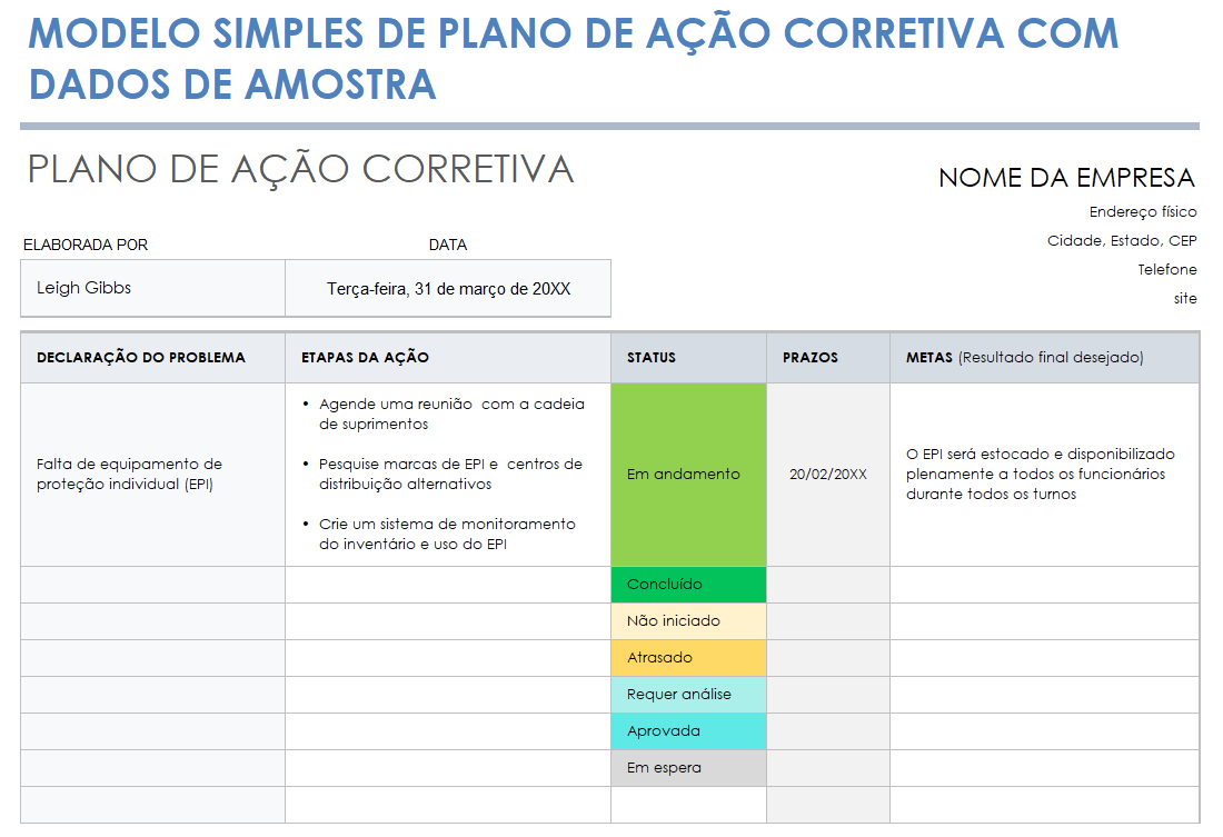 modelo de plano de ação corretiva simples com dados de amostra