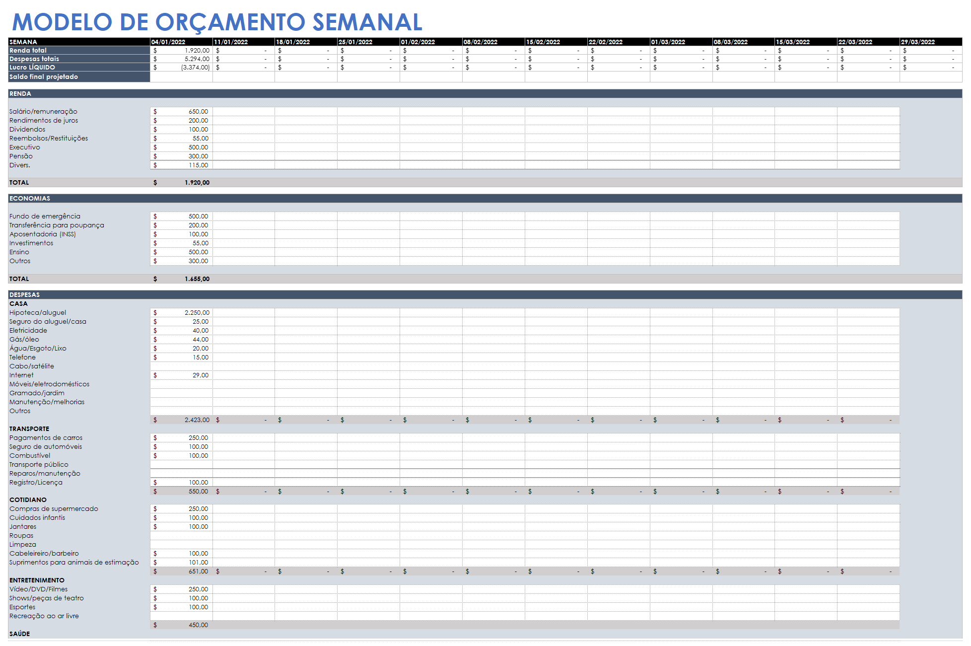  Modelo de orçamento semanal