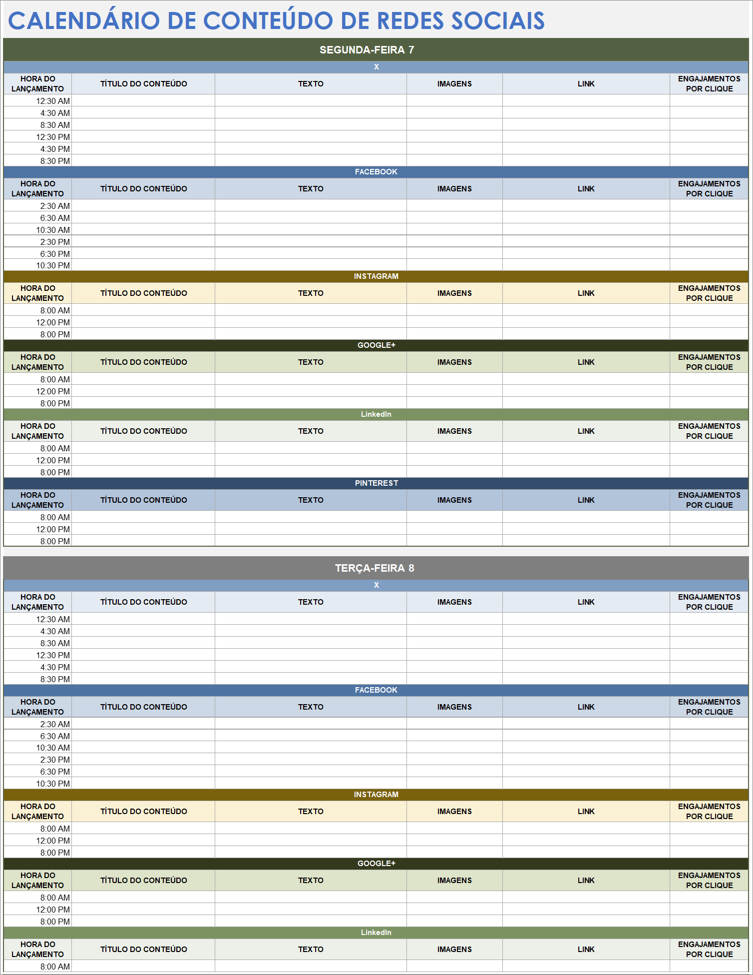 Calendário de conteúdo de mídia social do Google