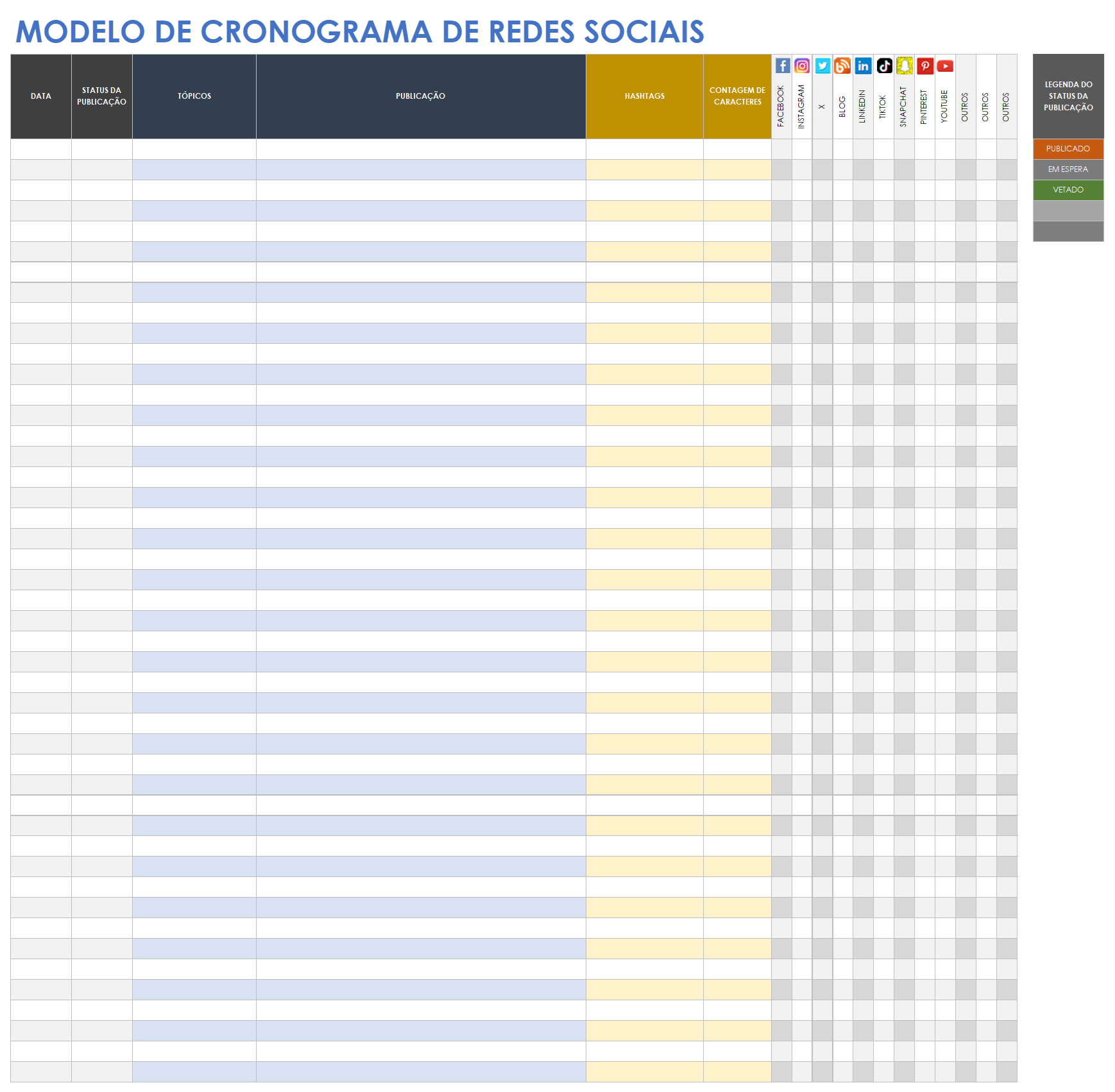 Modelo de cronograma de mídia social