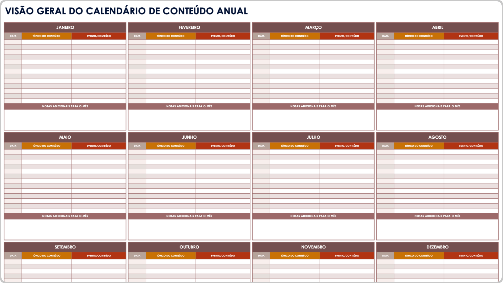 Modelo de calendário de conteúdo anual de mídia social