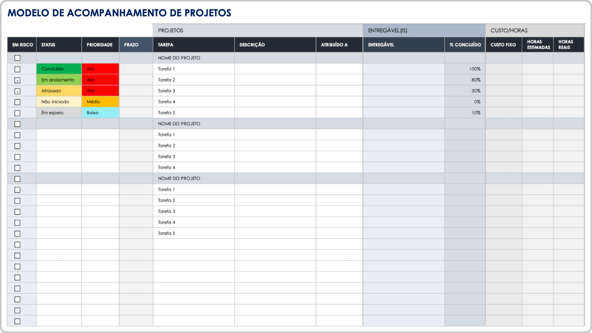 Excel do rastreador de projetos de gerenciamento de projetos principais