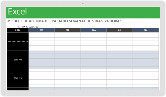 Modelo de cronograma de trabalho semanal de 5 dias e 24 horas