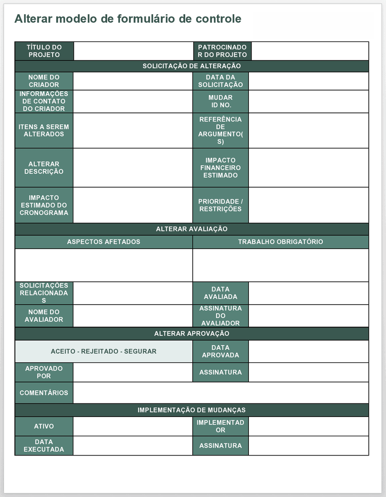 Formulário de Controle de Mudanças