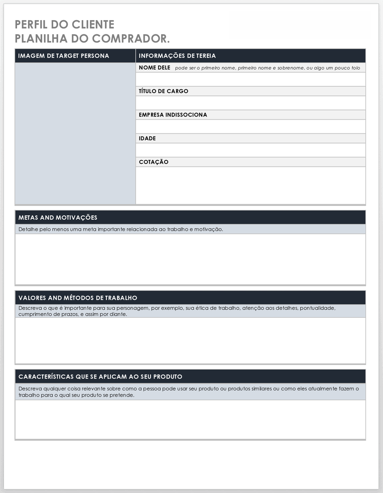  Modelo de Planilha de Persona de Comprador de Perfil de Cliente