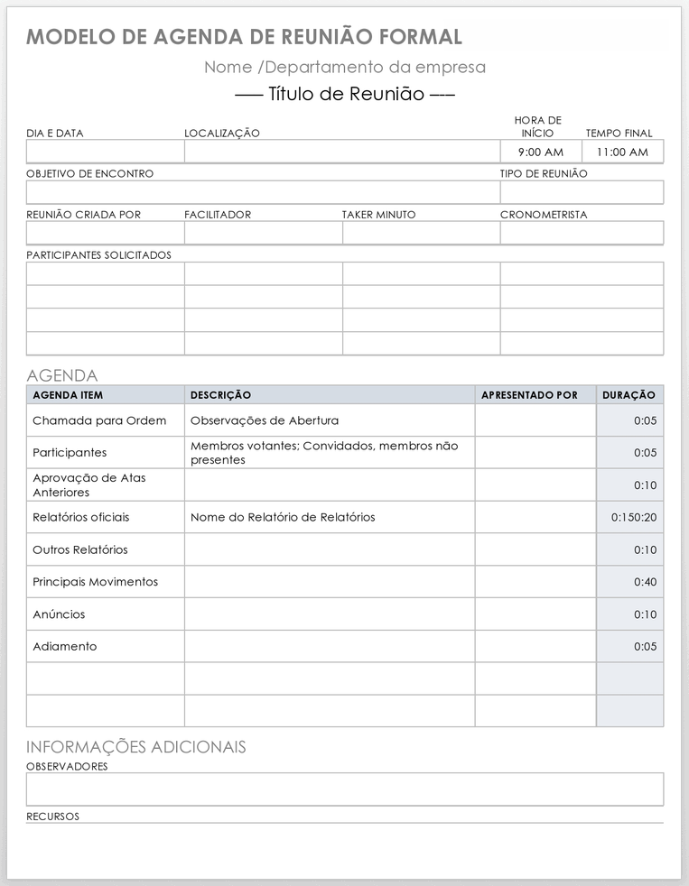 Modelo de Agenda de Reunião Formal