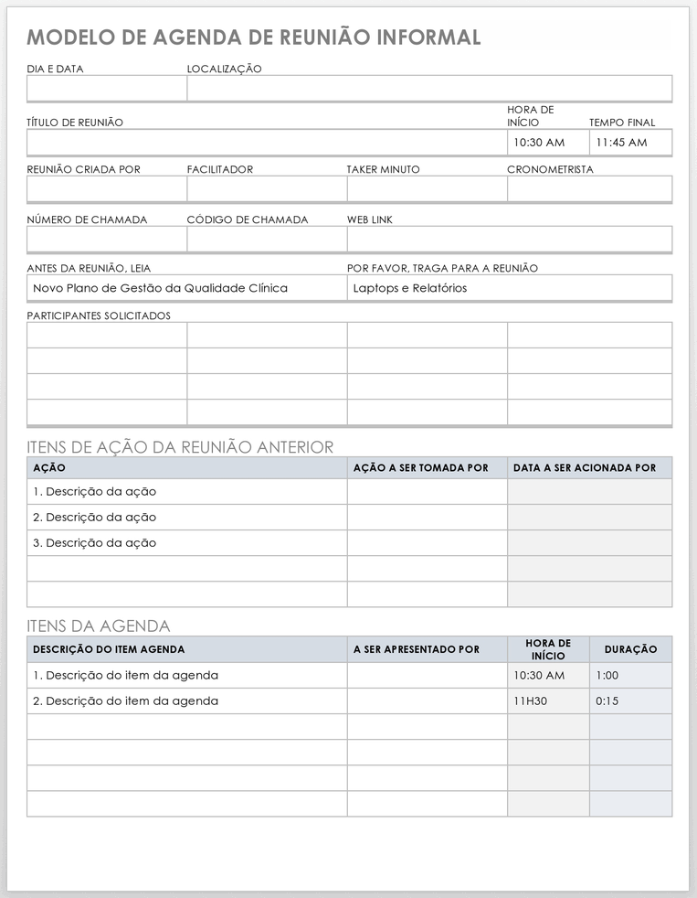 Modelo de Agenda de Reunião Informal