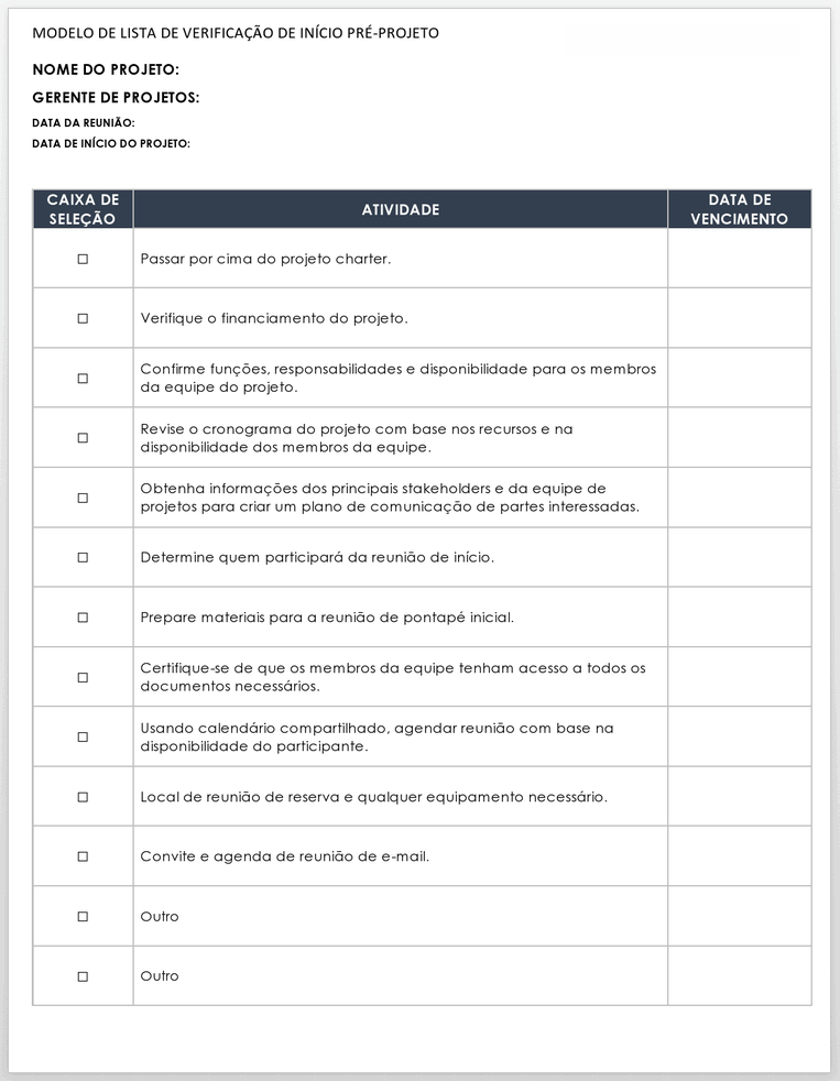 lista de verificação pré-início do projeto