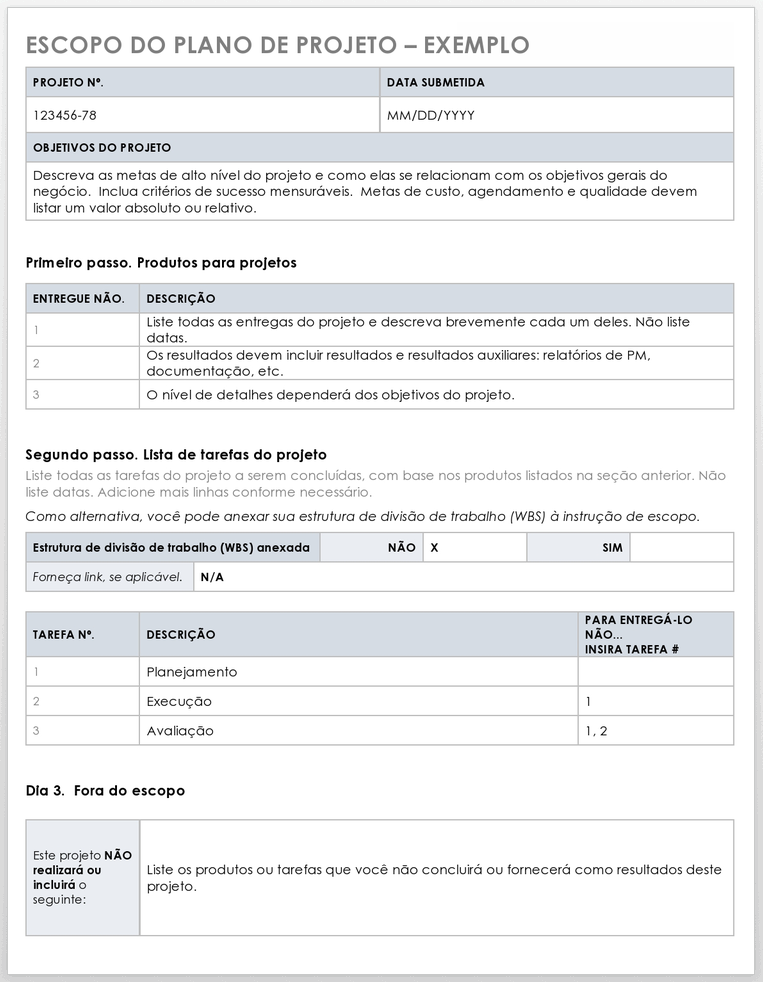  Modelo de Exemplo de Escopo do Plano do Projeto