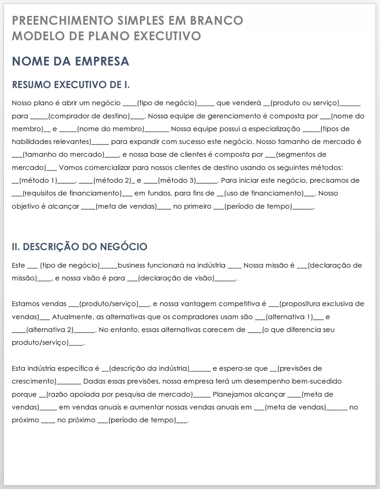 Preenchimento Simples do Modelo de Plano de Negócios em Branco