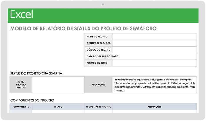 Modelo de relatório de status do projeto semáforo