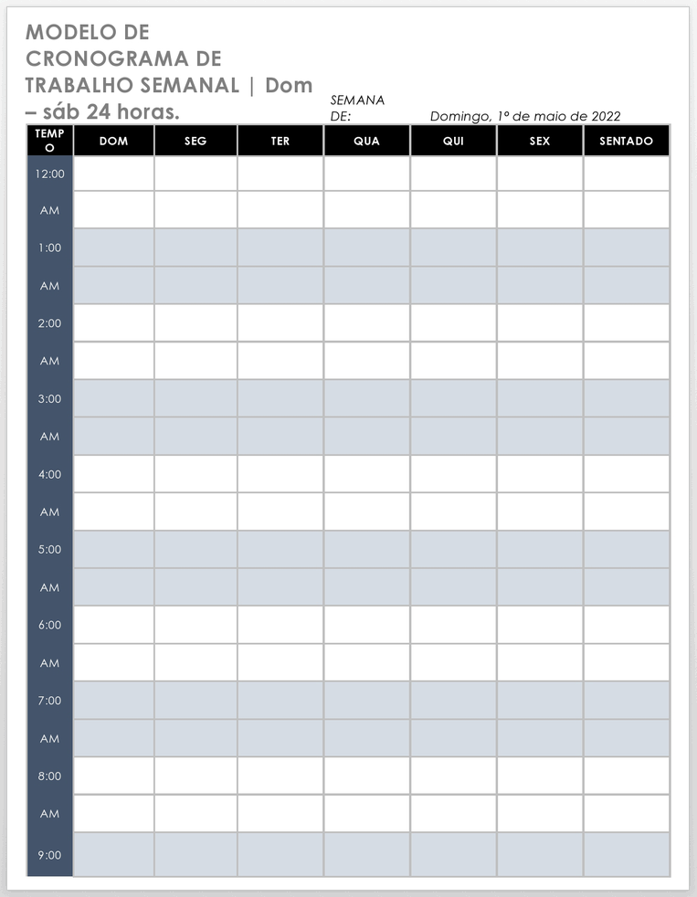 Modelo de programação semanal de 24 horas de domingo a sábado